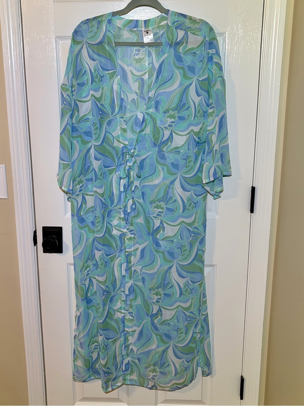 Lightweight Transparent Blue & Green Floral Duster Kimono. Size L/XL
